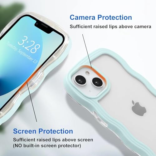 Image of GoldKart iPhone 13 /14 Case Wavy Edge Clear Back Design, Anti-Slip Grip Cute Wave Curly Frame Shape Shockproof Soft TPU & Hard PC Bumper Protective Phone Case Cover for Women Girls - Light Blue