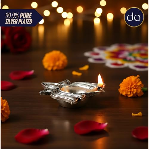 Image of 999 Pure Silver Plated Lotus Diyas for Pooja - Set of 11, Handcrafted Silver Diya for Puja & Spiritual Gifting for Home Decor