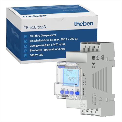 Theben TR 610 top3 6100130 Digitale Zeitschaltuhr 1 Kanal Wochenprogramm 600 W LED 10 Jahre Gangreserve App-Programmierung DIN-Schiene/Hutschiene Made in Germany
