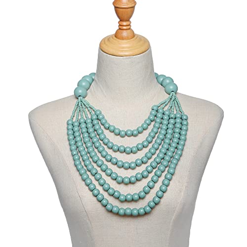 Colorful Bling Boho African Wooden Beaded Bib Statement Choker Necklace Long Multi Strand Chunky Layered Collar Tassel Necklace For Women Handmade Jewelry-Blue #TOP1