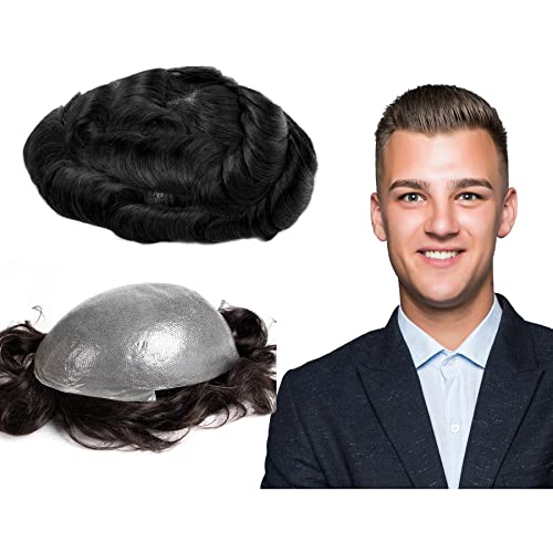 GEXWORLDWIDE GEX Toupee For Men Human Hair HairPiece 0.08mm Thin Skin 8x10 inch Deep Black Durable V-looped Wig Replacement Systems TS(1#)