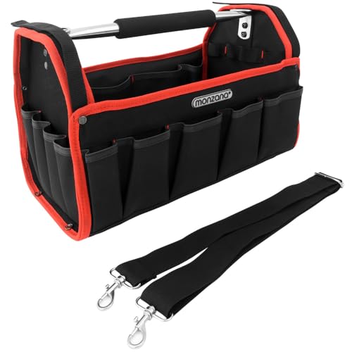 MONZANA® Werkzeugtasche XL 42cm mit verstellbarem Schultergurt stabile Tragestange 8 Innen und 15 Außentaschen Montagetasche Werkzeugbox Werkzeugkasten