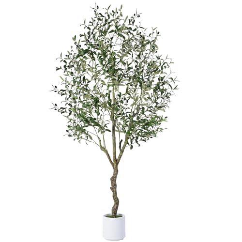 Jocoevol Olive Tree Artificial Indoor 6FT，Tall Faux Olive Tree with White Planter，Realistic...