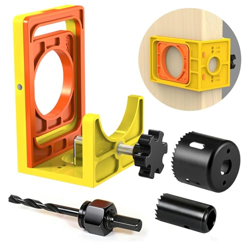 Door Lock Installation Kit Deadbolt Jig for 1-3/8 to 1-3/4 Wood Door Drill Guide with 2-1/8 & 1 Hole Saw Adjustable Template for Door Knob & Deadbolt