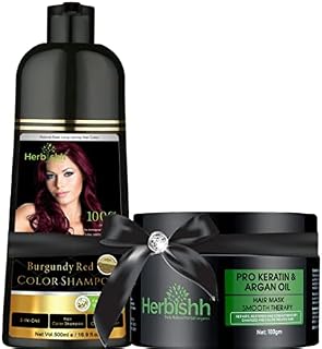 Herbishh Hair Color Shampoo for Grey Hair 500ml + Argan Hair Mask for Dry or Damaged Hair | Hair Dye | Cover Grey Hair for Men and Women (Burgundy)