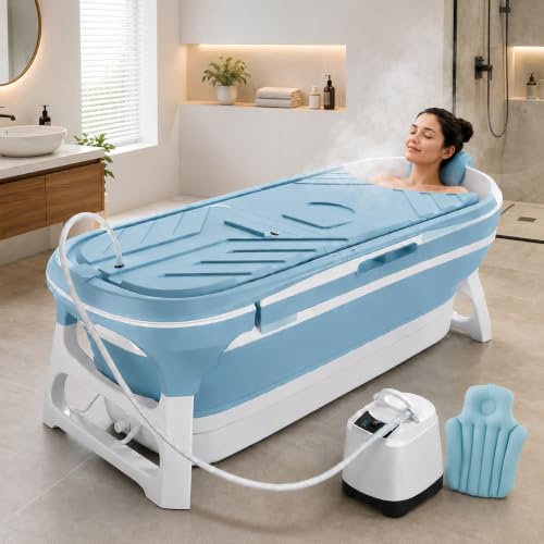 Image of HUKIMOYO Large bathtub for adults foldable bath tub for bathroom(132x 62x52cm) with Temperature Meter & Pillow Portable Bath Tub with Lid Adult Bathtub for Home Spa Hot &Cold Water (Suits upto 6ft)