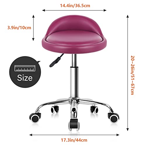 Image of KKTONER PU Leather Round Rolling Stool with Back Rest Height Adjustable Swivel Drafting Work SPA Medical Task Chair with Wheels (Rose red)
