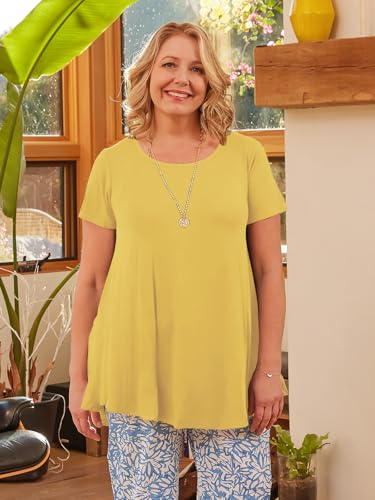 LARACE Plus Size Tops for Women Short Sleeve Shirts Casual Summer Clothes Round Neck Tunics for Leggings (1X, Yellow)