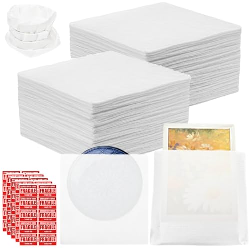Tebery 150 Pcs Dish Moving Packing Supplies,100 Cushion Foam Wrap Pouches 12'' x 12'' with 50 Fragile Label, Reusable Plate Packaging Sleeves Sheets for Dishes Cups Glasses Storage