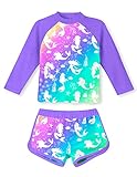 Girls Swimsuit Two Piece Tankini UPF 50+ UV Protective Rash Guard Set Mermaid Printed Swimsuit Set Long Sleeve Bikini Bathing Suit Beach Swimwear for 4 5 Years Old Girls