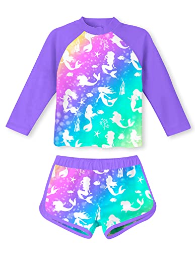 Girls Rash Guard 2-Piece Swimsuit Set Teens 5 6 Yrs Old Mermaid Printed O Neck Long Sleeve Bikini with UPF 50+ Sun Protection for Pool Party