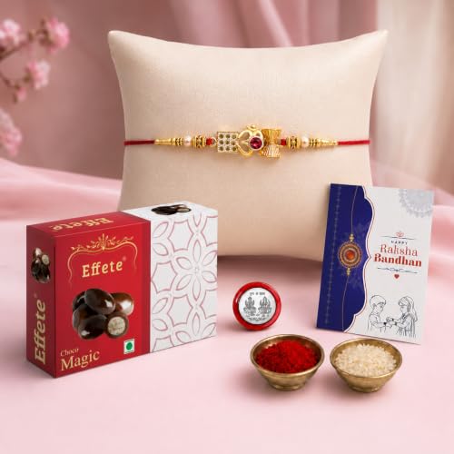 Image of DeoDap Designer Rakhi for Brother with Effete Choco Magic, Golden-Toned Centrepiece and Pearl Beads, Roli Chawal, Shagun Coin and Greeting Card for Raksha Bandhan