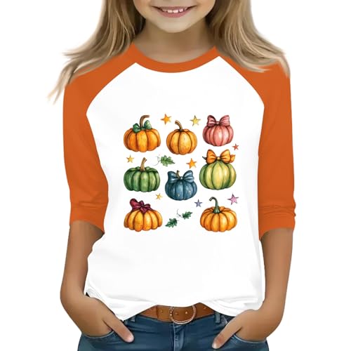 Girls Halloween Pumpkin Graphic Raglan T-Shirt 3/4 Sleeve Fall Top Cute Kids Holiday Orange and White Tee