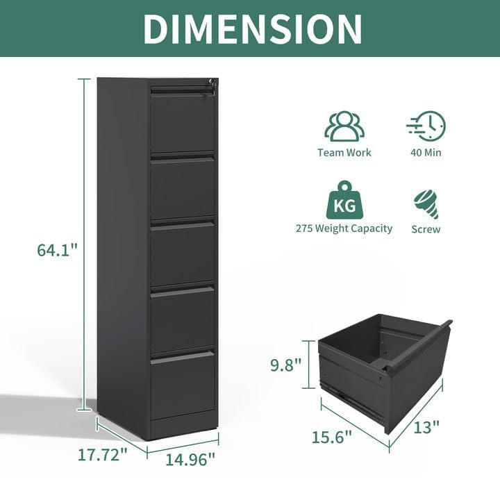 Image of 5 Drawer File Cabinet with Lock,Metal File Cabinet for Home Office