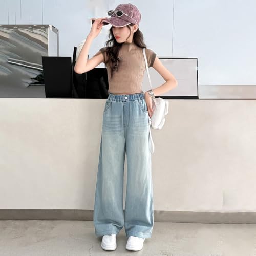Kids Baggy Denim Pants Girls Elastic High Waist Straight Jeans Loose High Waist Wide Leg Streetwear with Pockets2