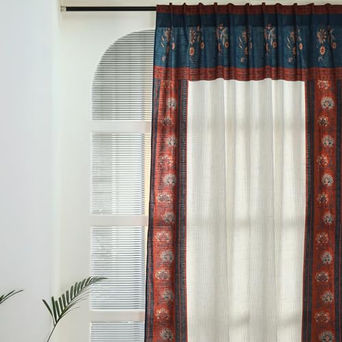 Image of Peepul Tree Handprinted Floral Striped Ornamental Door Curtain in Ivory Maroon and Navy Blue | 7 Feet | Pack of 1| Back Loop Curtain | 70% Light Blocking | Semi Blackout| Breathable Drapes