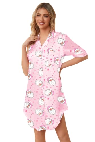 Image of Schbbbta Girls & Women Silk Nightgown, Short Sleeve Button Down Satin Nightshirt Pajama House Dress, 3 Years- Women 2XL