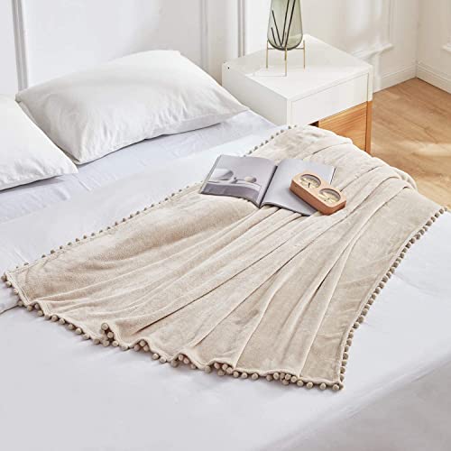 Beautex Fleece Throw Blanket With Pompom Fringe, Beige Flannel Blankets And Throws For Couch, Super Soft Cozy Lightweight Plush Throw Blanket (50" X 60") #TOP2
