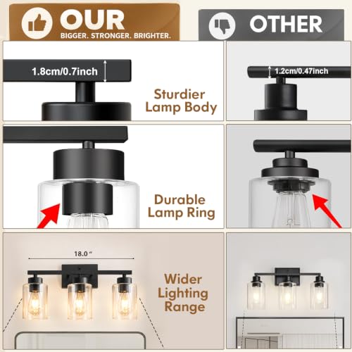 IZORRO Bathroom Light Fixtures, Modern Vanity Lights, Bathroom Lighting Fixtures Over Mirror with Clear Glass Shade, Wall Sconce for Living Room Cabinet Bedroom (Matte Black, 3-Light) - Image 3