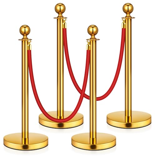 4 Pack Upgraded Stainless Steel Stanchions and Velvet Ropes 5FT Extended Red Carpet Ropes Poles Crowd Control Safety Barriers Set with Stable Base for Theaters Parties Wedding Exhibition (Gold)