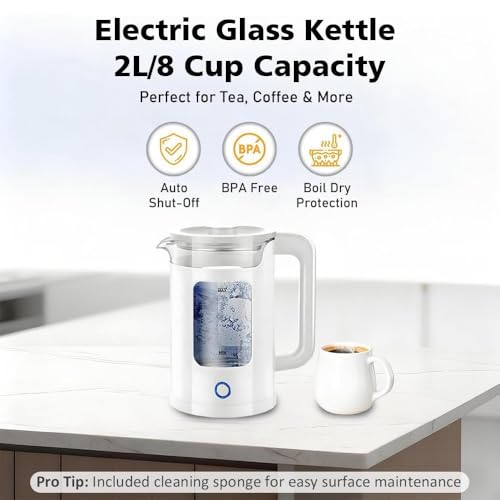 2L White Glass Electric Kettle – Quiet Fast-Boiling Design With Blue Led Light, Auto Shutoff & Dry Boil Protection, Easy-To-Clean For Tea, Coffee & More (White) - 3