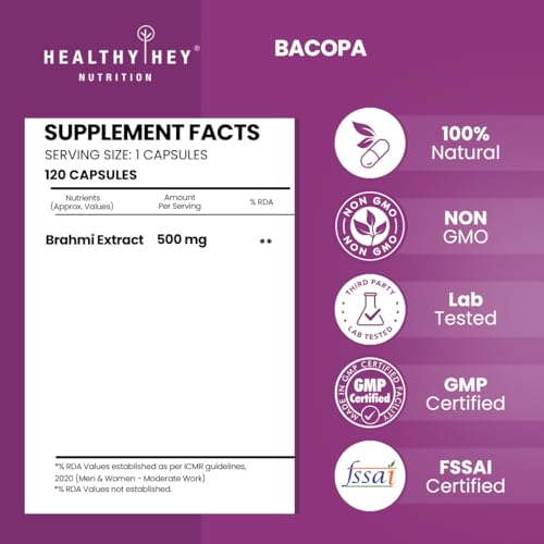 Image of HealthyHey Nutrition Brahmi - Bacopa Monnieri Support Memory and Brain Health - 120 Veg Capsules