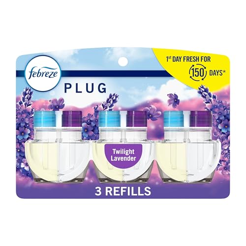 Febreze Plug In Air Freshener Odor-Fighting Scented Oil Refill Air Fresheners for Home and Bathroom and Kitchen Long Lasting for Strong Odors Twilight Lavender Scent 0.87oz Refills 3 Count