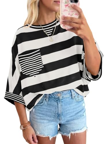 Fisoew Womens 2026 Summer Color Block Striped T-Shirts Oversized Short Sleeve Crewneck Y2K Tops Casual Loose Tees