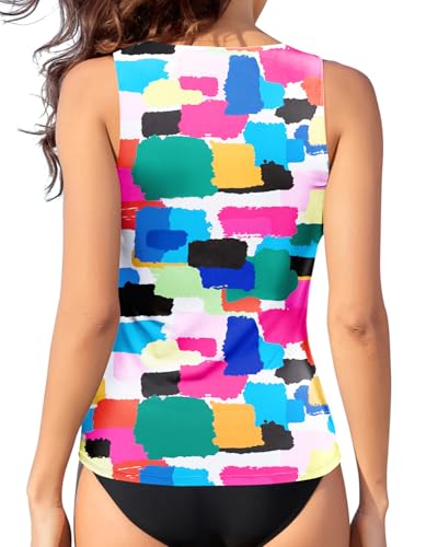 Image of Daci Tankini Tops for Women Tummy Control Swim Top Only | High Neck, Ruched Front, Full Coverage, Removable Pads, No Bottom, Soft Stretch Fabric, Fully Lined, Beach and Water Sports