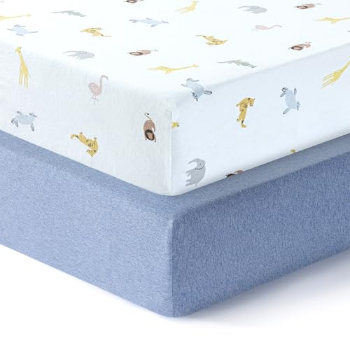 Image of Dreamology 100% Cotton Jersey Standard Crib Sheets for Boys & Girls | Fitted Cotton Crib Sheets Girls,Boys and Toddler Beds 28"x52" | Sky Blue,Animal