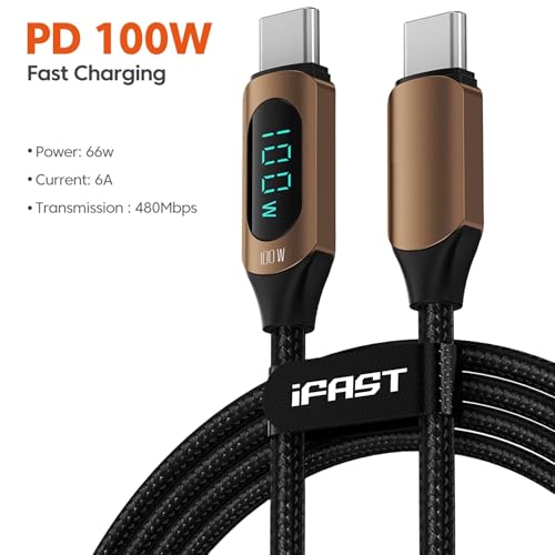 Image of iFAST Digital Display 100W Type-C to Type-C Fast Charging Cable | 480Mbps Data Transfer Speed | Compatible With MacBook, iPad, Galaxy, Pixel, Switch (2 Metre, Brown)