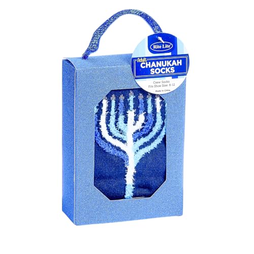 Image of Rite Lite Hanukkah Socks Gift Box | Adult Crew Sock Size 8-12 Festive Chanukah Blue Dreidel & Star of David Crew Socks Jewish Holiday Party Favors Accessories Decorations Gifts (Menorahs)
