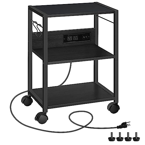MAHANCRIS Industrial Printer Cart, 3-Tier Mobile Printer Stand, Rolling Cart with Power Outlets and USB Ports, Home Printer Stand with 2 Hooks, for Office, Living Room, Black PTHB40E01