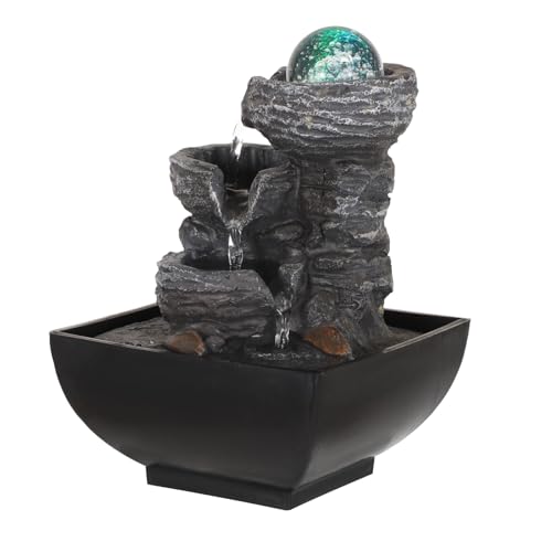 Tabletop Fountain with LED Light, Indoor Zen Meditation Fountain with Waterfall Function, 3-Tier Rock Water Fountain with Decorative Bubble Ball for Home Office Decor