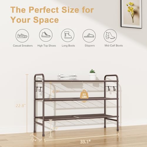 Image of VILICK 3 Tier Shoe Rack 33 inch Wide Metal Shoe Organizer Long Shoe Storage with 4 Side Hooks Sturdy Shoes Shelf for Front Door Entrance, Closet, Garage, Dorm, Brown
