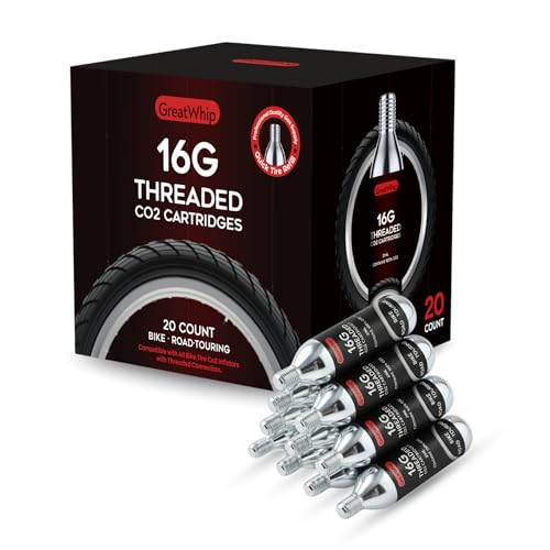 20x 16g CO2 Kartuschen mit Gewinde für Fahrrad - GreatWhip CO2 Kapseln kompatibel mit CO2 Pumpe/Inflator Ideal für MTB Rennrad & E-Bike Reifen schnelles Aufpumpen unterwegs