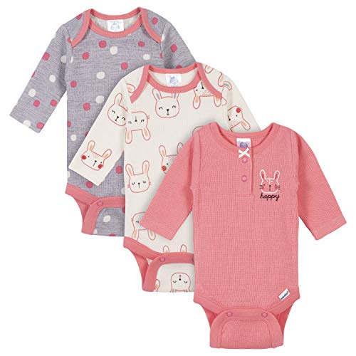 Gerber Baby Girl's 3-Pack Long Sleeve Thermal Onesies Bodysuits Pants, Happy, 3-6 Months