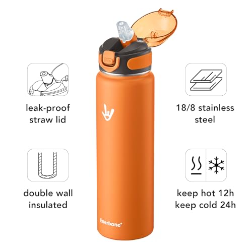 Enerbone 32 oz Insulated Water Bottle, Stainless Steel Bottle with Carrying Strap, Double-Wall Vacuum Insulation Design, Leakproof Sports Bottle with Straw, Keep Drinks Cold or Hot for Hours