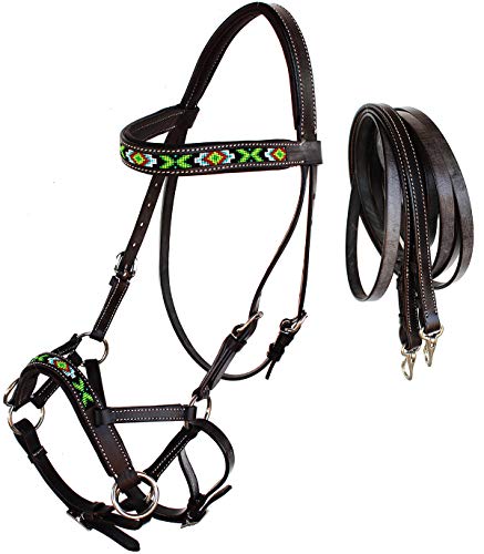 CHALLENGER Horse Western Padded Leather Beaded Bitless Sidepull Bridle 77RT21BR-F