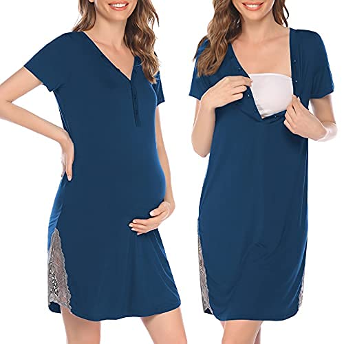 Pinspark Damen Stillnachthemd Baumwolle Spitze Still Nachthemd Kurzarm mit Knopfleiste Umstandsnachthemd für Schwangere (Blau Grün, S) Cover