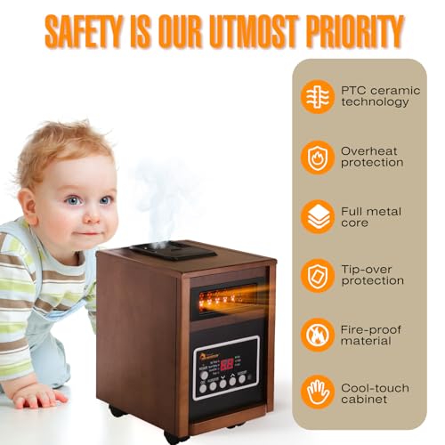 DR. INFRARED HEATER DR-998, 1500W Dual Heating Infrared Space Heater with Humidifier, Oscillation, Remote Control, Thermostat & Safety Protection, Portable with Wheels, Energy Efficient, Walnut by DR. INFRARED HEATER - Image 6