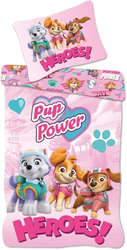 Paw Patrol Junior-Bettwäscheset | Bettbezug 100×135 cm + Kissenbezug 40×60 cm, 100% Baumwolle | Weiche Bettwäsche für Kleinkinder (Rosa Paw...