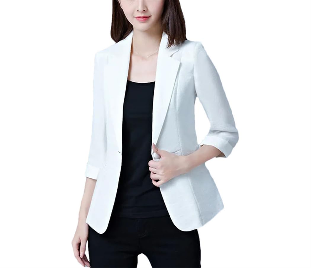 Womens Linen Cotton Blazer Coat Single Button Suit Jackets 3 4 Sleeve Spring Summer Office Elegant Outerwear