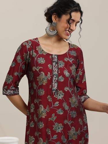 Image of Libas Womens Printed Silk Blend Straight Kurta With Trousers and Dupatta | daily wear suit