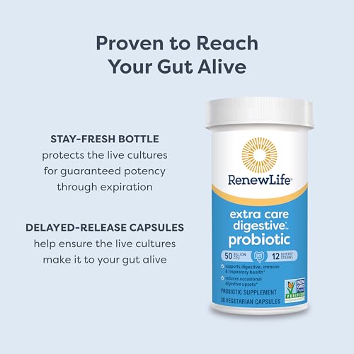 image for Renew Life Extra Care Digestive Probiotic Capsules, 50 Billion CFU Gua