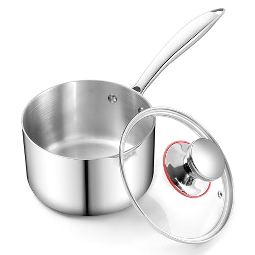 HaWare 1QT Saucepan with Lid, Tri-Ply Stainless Steel Sauce Pan, Induction Small Cooking Pot, Milk Pan, Heavy Duty Cookware, Compatible with All Heat Sources, Healthy, Oven Safe & Dishwasher Safe