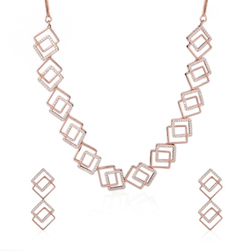 Kord Store Jewellery Set for Women American Diamond Necklace Set|Zircon Stunning Collection Squre Shape Rose Gold Plated