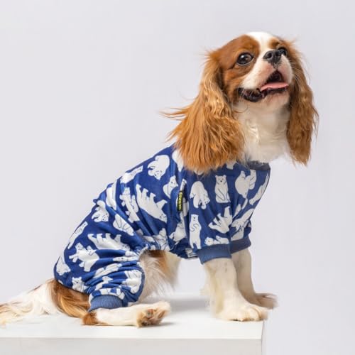 Image of Fitwarm Polar Bear Dog Pajamas, Dog Clothes for Small Dogs Girl Boy, Pet Onesie with Feet, Cat Outfit, Lightweight Velvet, Royal Blue, White, Small