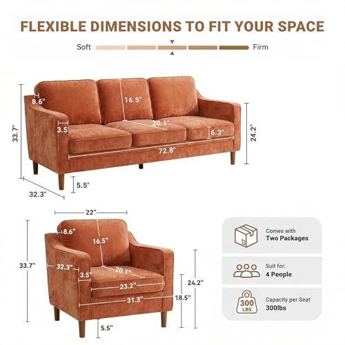 Image of Kingfun Couch Sets for Living Room, 3 Seater Couch and Armchair Set of 2, Mid Century Modern Sofa Chair, Chenille Couch with Solid Wood Frame for Bedroom