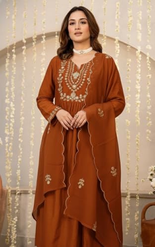 Image of Nermosa Women Embroidery Solid A-Line Kurta and Pant Set with Dupatta